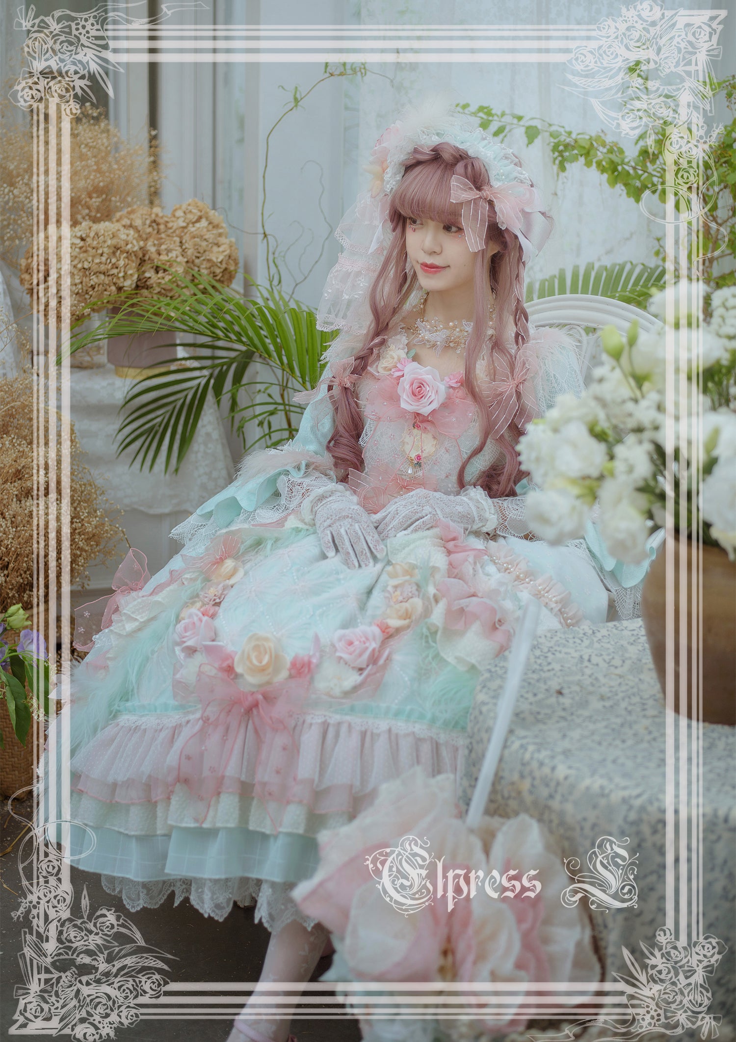 Elpress L~Wedding Lolita Floral Headdress BNT Veil rainbow color flower hairpins