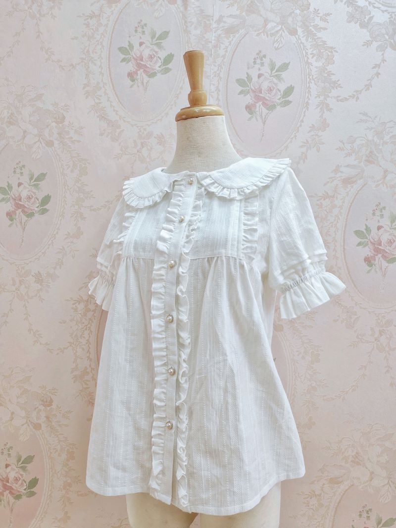 Yilia~Short Sleeve Cotton Lolita Blouse Summer Shirt XS white 