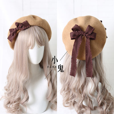 (BuyForMe) Xiaogui~Sweet Bow Multicolors Lolita Wool Beret M（56-58cm） camel hat with coffee bows 