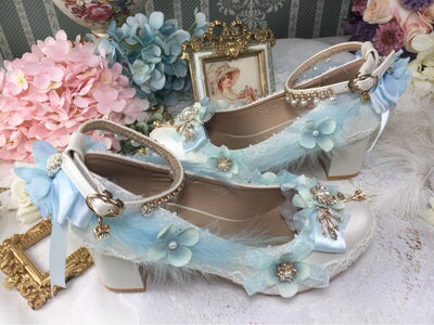 One Night - Wedding Lolita Floral Pointed Toe Heels 34 light blue
