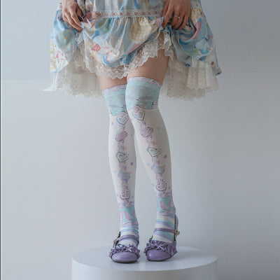 Roji roji - Macaron Printed Lolita Knee Stockings One Size Green&purple