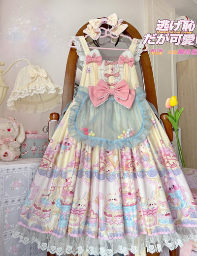 (Buyforme)Sugar Girl~Cute Lolita Cat Printed Sweet JSK Dress S blue apron 