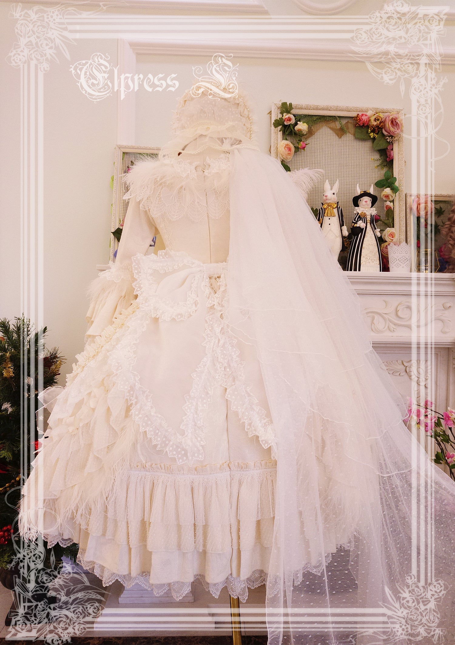 Elpress L~Wedding Lolita Floral Headdress BNT Veil universal white veil