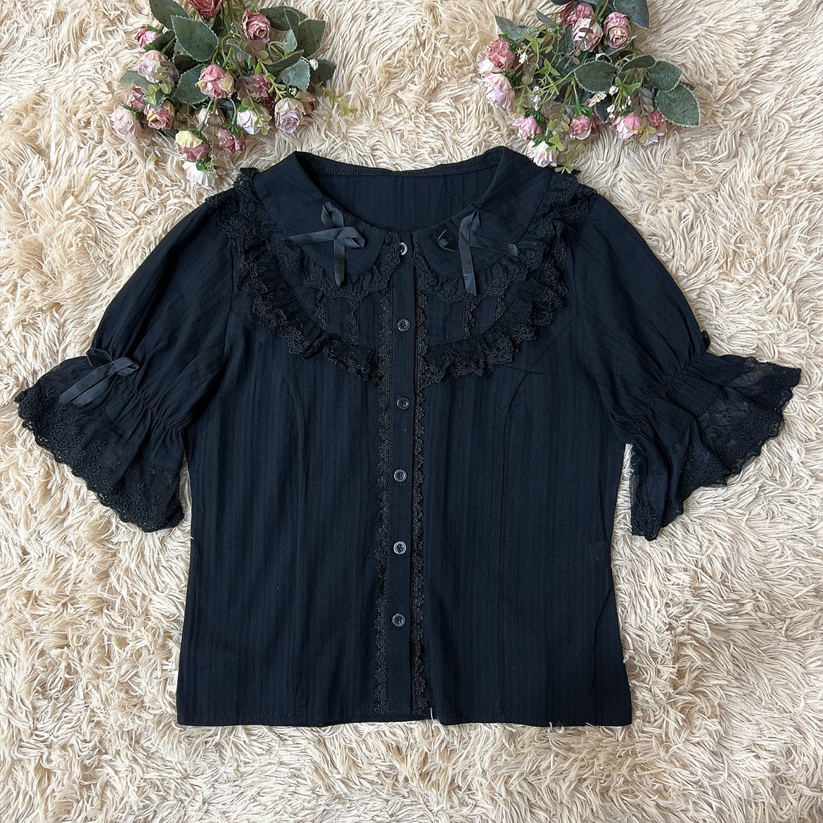 Summer Short Sleeve Cotton Lolita Blouse S Black - Short Sleeve