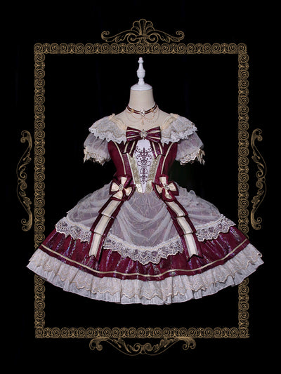 Alice Girl~Girls' Day~Retro Lolita OP Dress Short Sleeve Place Style wine red (short fantasy version) S 