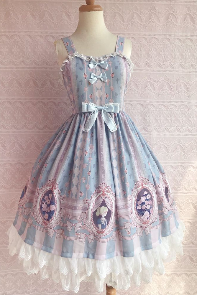 Yilia - Rose Lover Dream - Printed Bow Casual Lolita JSK XS light blue