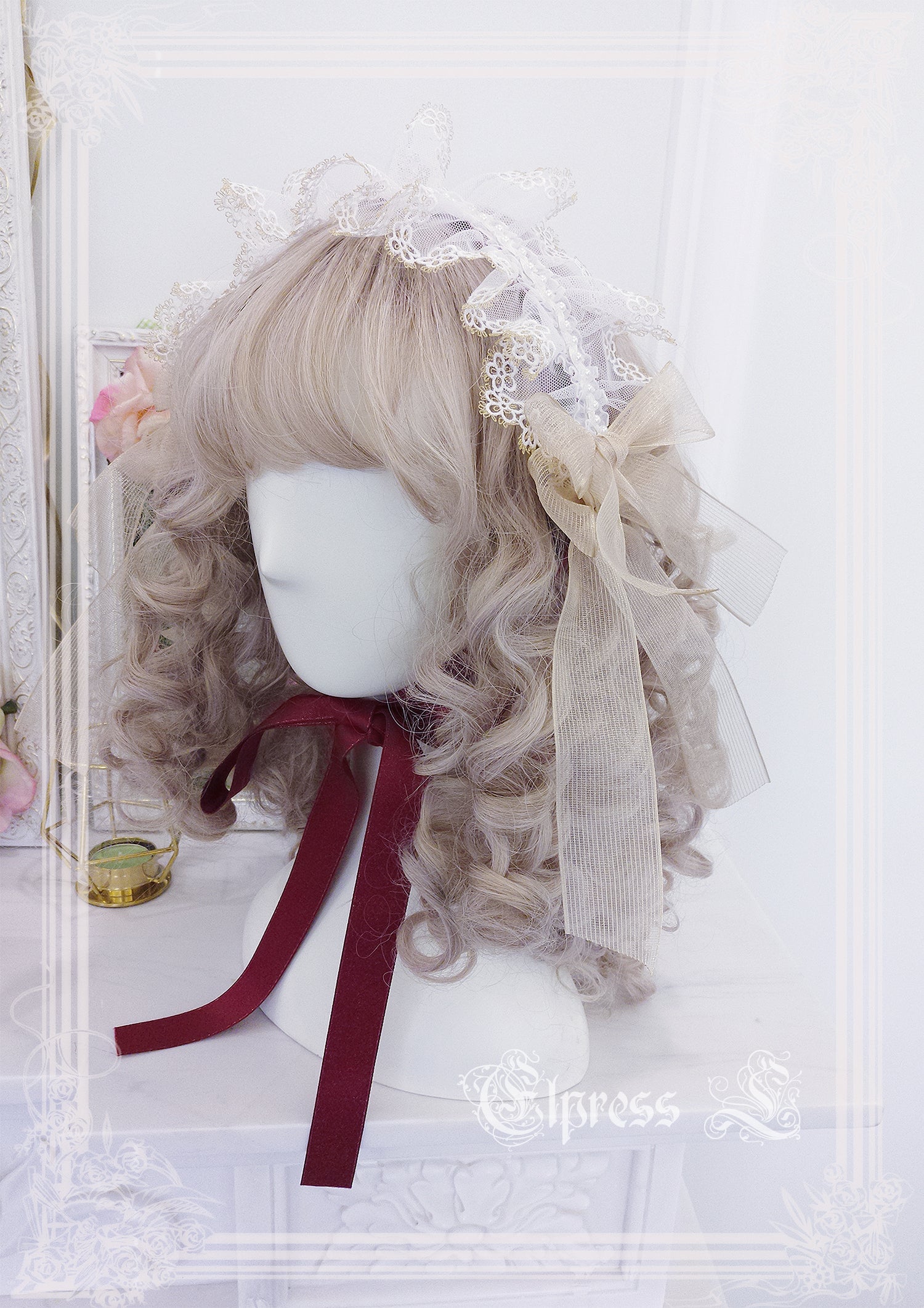 Elpress L - Christmas Flower Hairpins Lolita Mesh Veil KC Bonnet pink KC