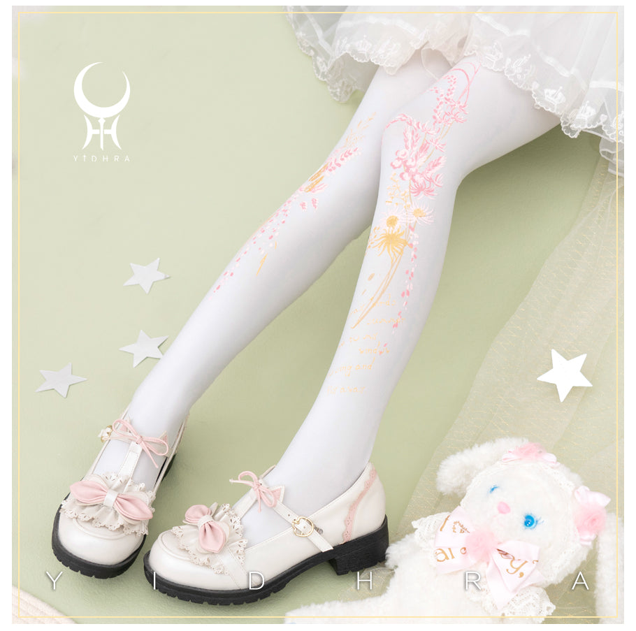 Yidhra - Vintage Flower Printed Panty-hose Spring Summer One Size 120D white