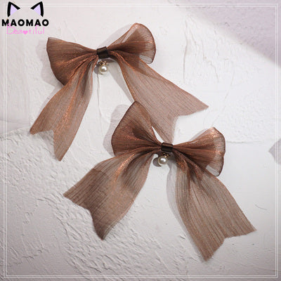 MaoJiang Handmade - Kawaii Bows Lolita Head Accessories coffee-big bow bead hairpin (a pair)