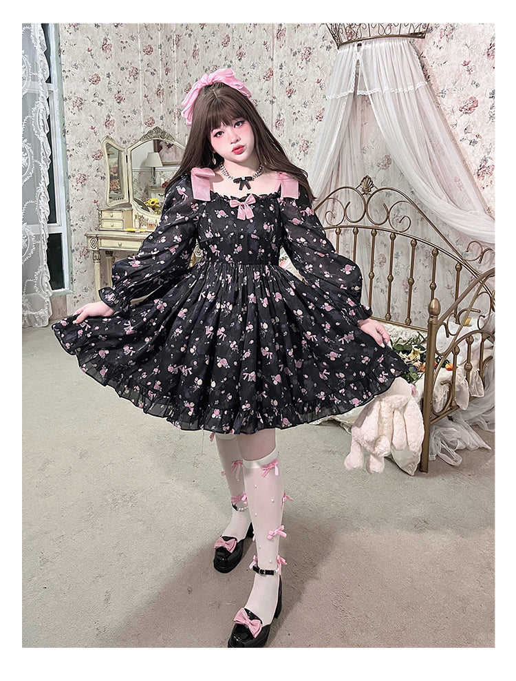 Yingtang~French Retro Plus Size Sweet Floral Lolita Dress XL black long sleeve 