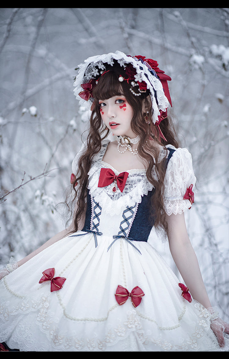 Youpairui~Snow White Sweet Lolita OP Dress S full set(dress*1+bonnet*1+hairband*1+necklace*1) 