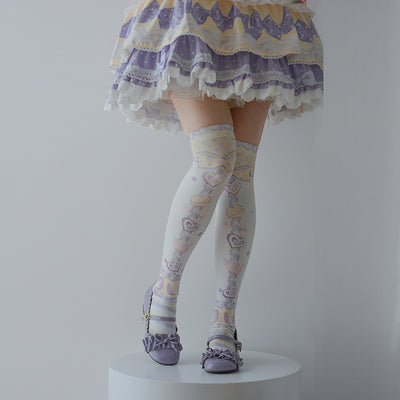 Roji roji - Macaron Printed Lolita Knee Stockings One Size Yellow&purple