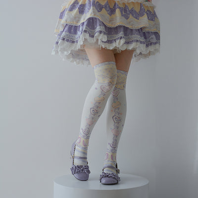 Roji roji~Macaron Printed Lolita Knee Stockings free size yellow&purple 