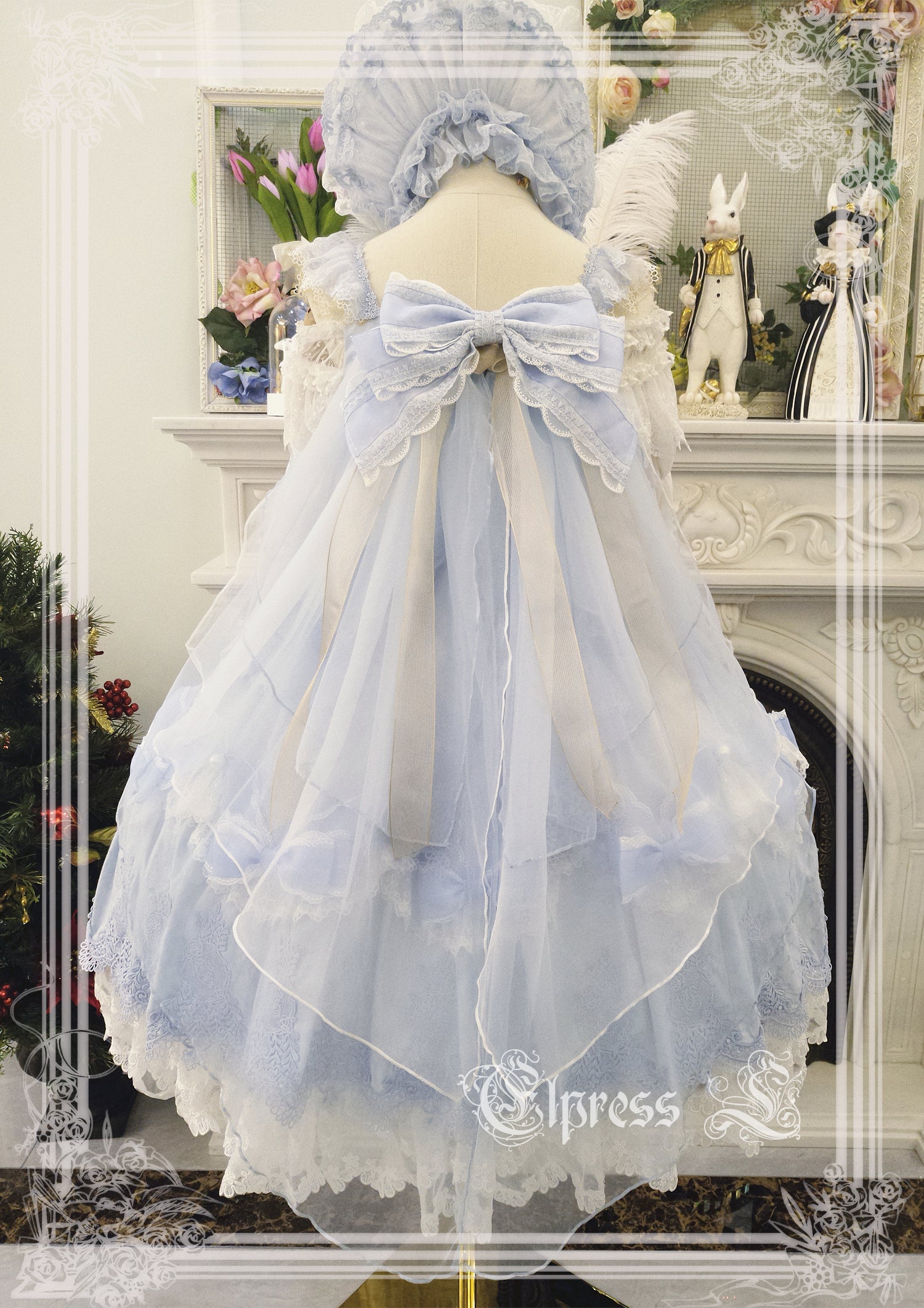 Elpress L - Christmas Flower Hairpins Lolita Mesh Veil KC Bonnet blue dual-purpose veil