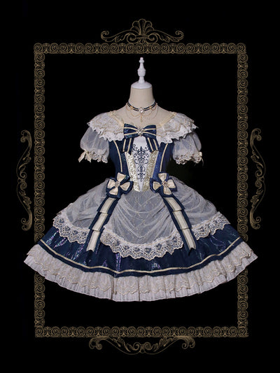 Alice Girl~Girls' Day~Retro Lolita OP Dress Short Sleeve Place Style navy blue (short fantasy version) S 