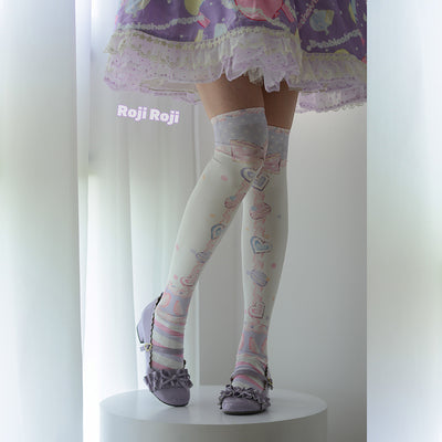 Roji roji~Macaron Printed Lolita Knee Stockings free size purple&pink 