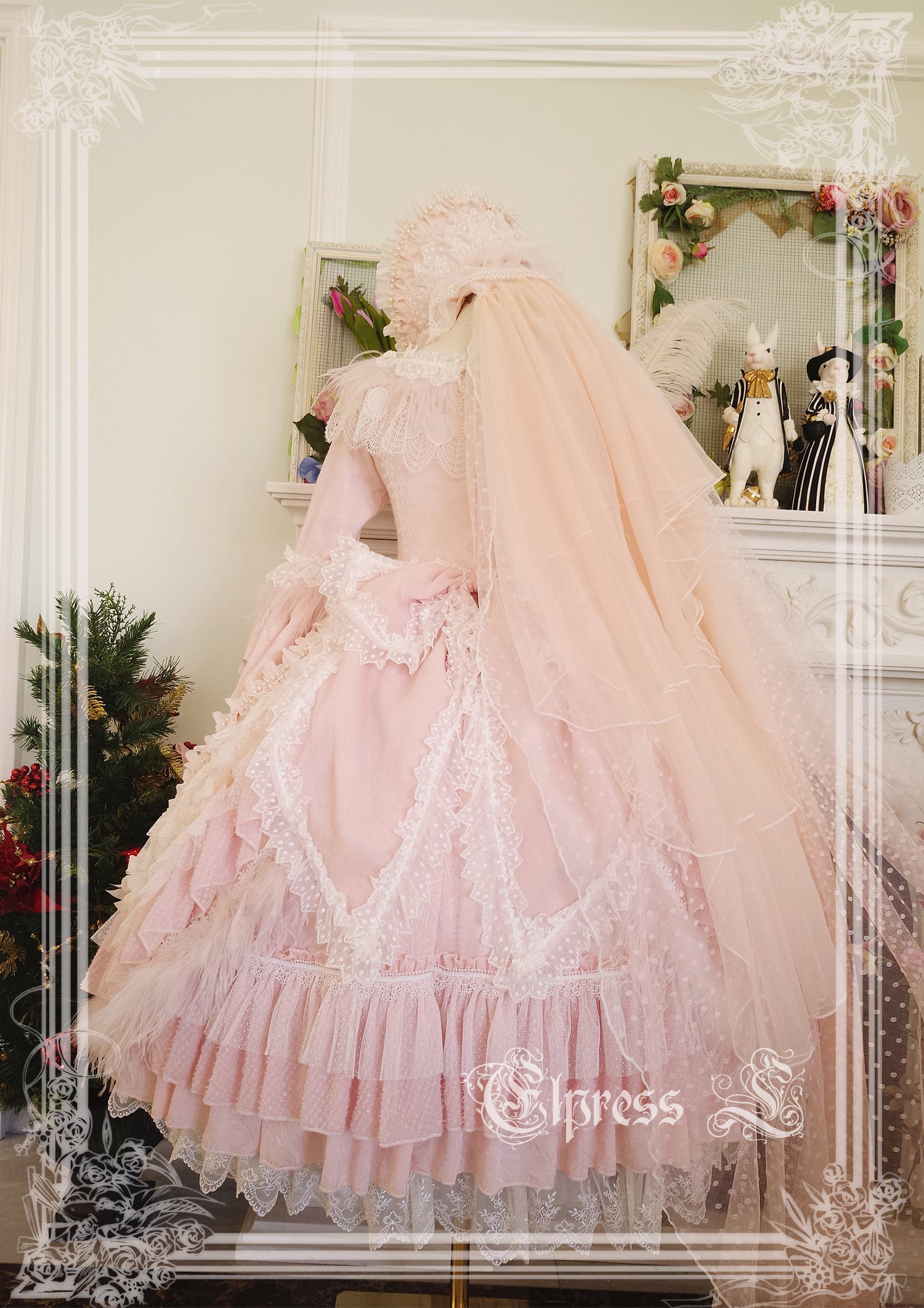 Elpress L~Wedding Lolita Floral Headdress BNT Veil pink veil