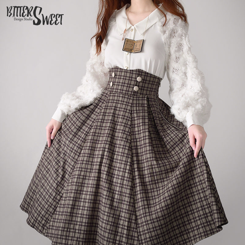 BitterSweet - Vintage Lolita Skirt Fishbone Tartan Super High Waist SK S dark brown