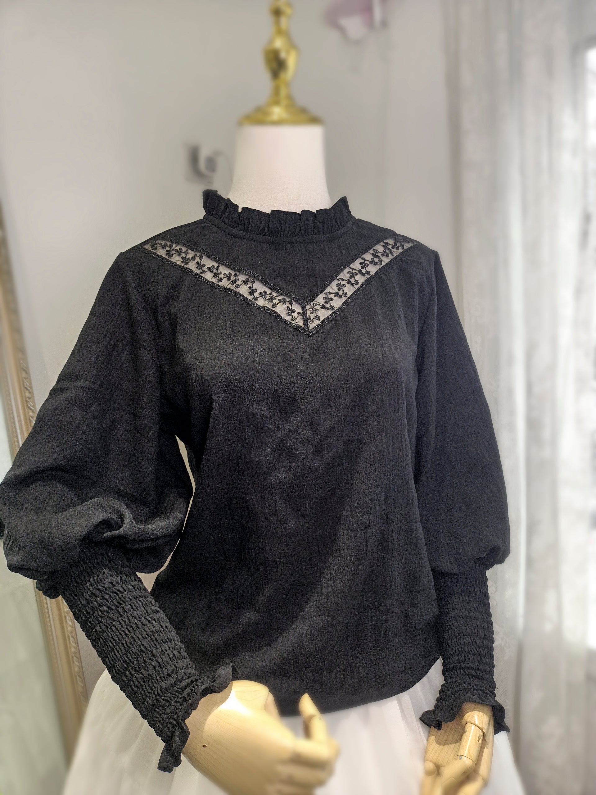 White Tea Story - Elegant Black and White Lolita JSK and Blouse S black mutton sleeve blouse