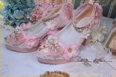 One Night - Wedding Lolita Floral Pointed Toe Heels 34 pink