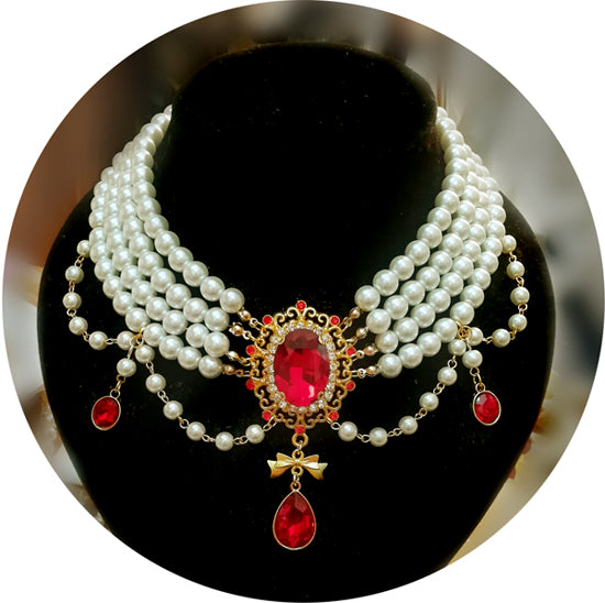 Rose of Sharon~ Classic Lolita Tiered Pearl Chain white pearl+red stone 1604:48747