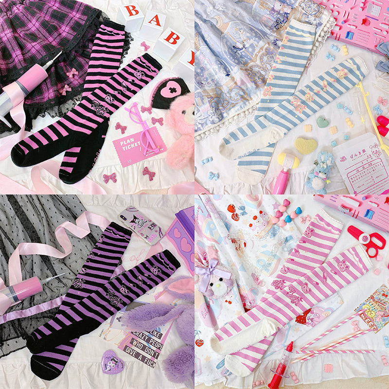 Roji roji~Striped Kawaii Lolita Calf Socks Multicolors free size blue-white stripe 