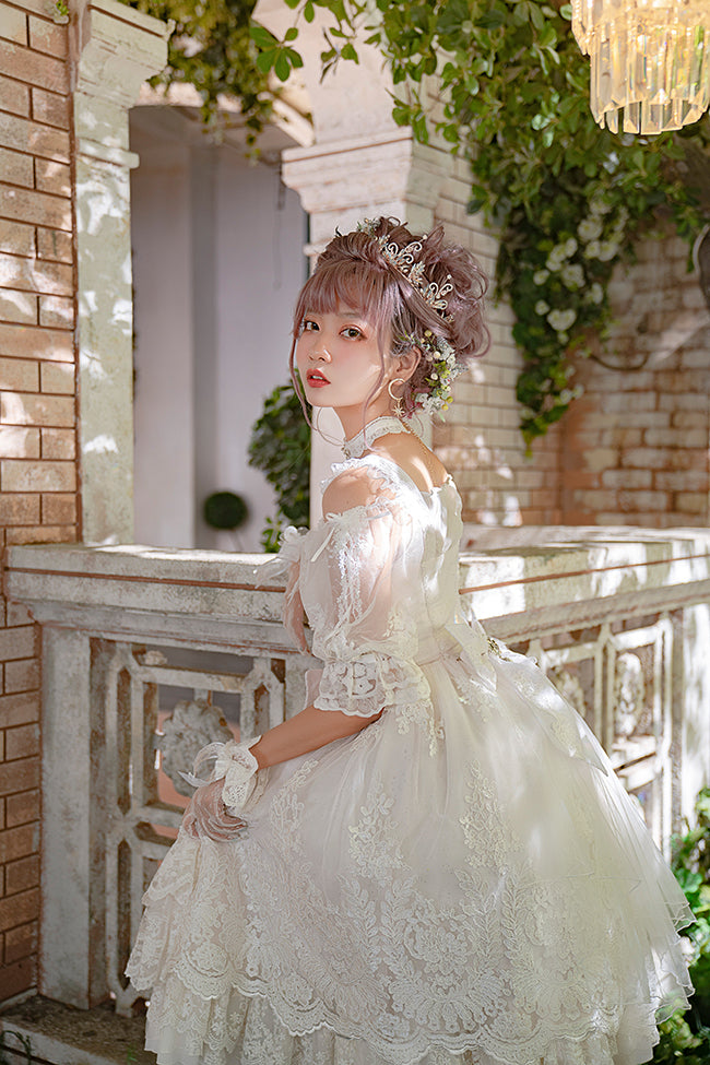 Sweet Wood - Secret Garden In Midsummer - Lolita Bonnet, Necklace, Accessory light pink gauze trailing
