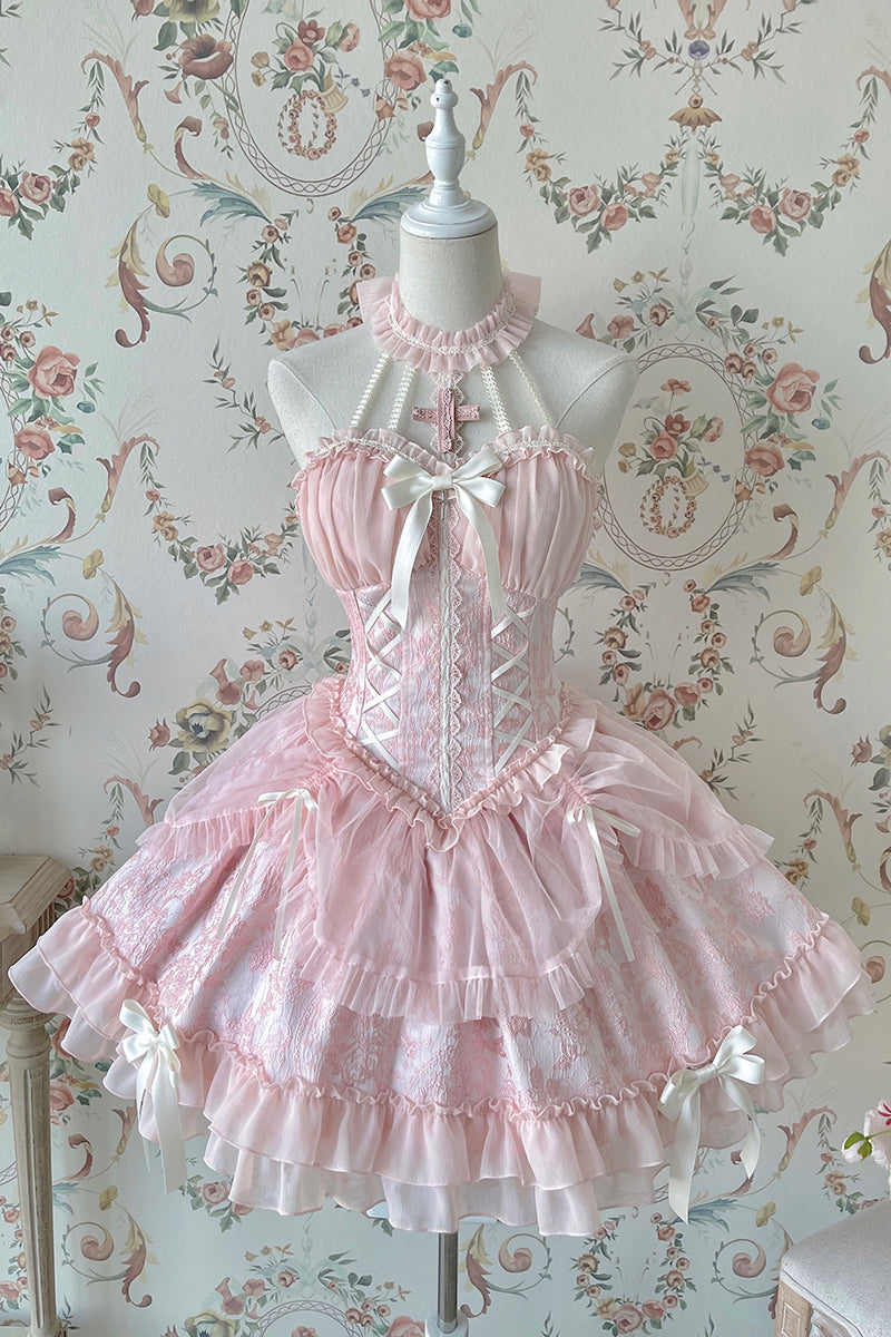 Alice Girl - Cross Maiden - Gothic Lolita Dress, Ballet Halterneck Lolita JSK (L M S XL XS / Pink) 104:66823