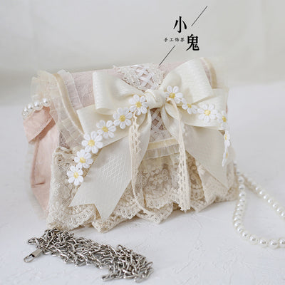 Xiaogui~Elegant Lolita Bag Daisy Pearl Chain Lace Handbag daisy handbag (metal chain+portable chain)  