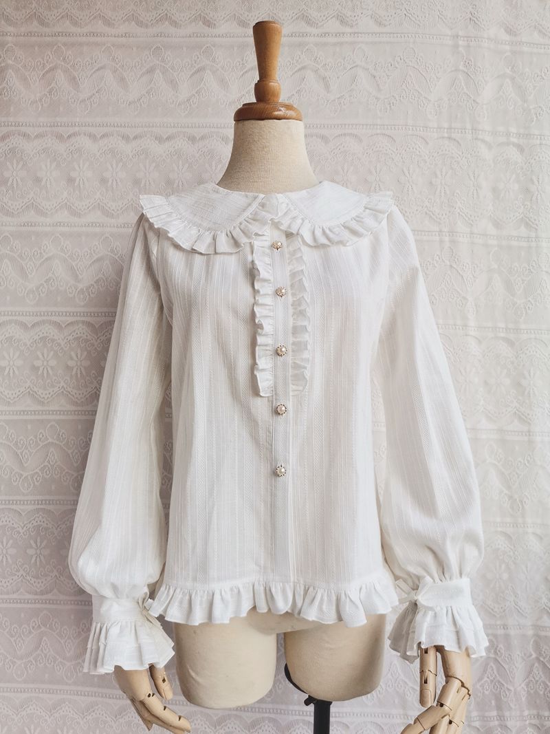 Yilia - Cotton Lolita Blouse, Autumn and Winter Japanese Style XS White