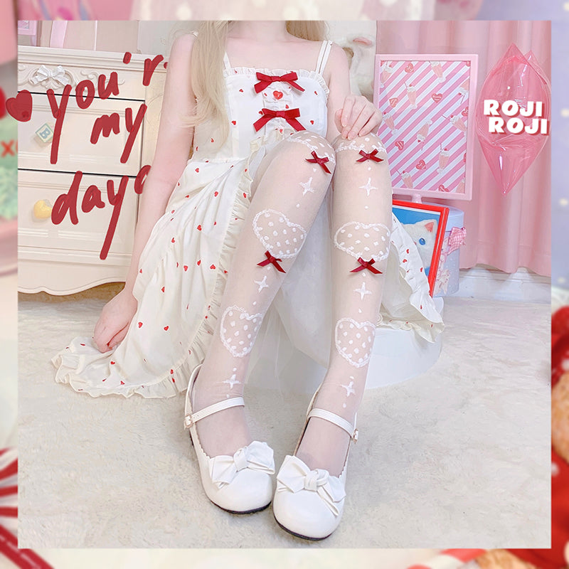 Roji roji - Super Thin Summer Lolita Knee Socks over knee socks red bow on white background