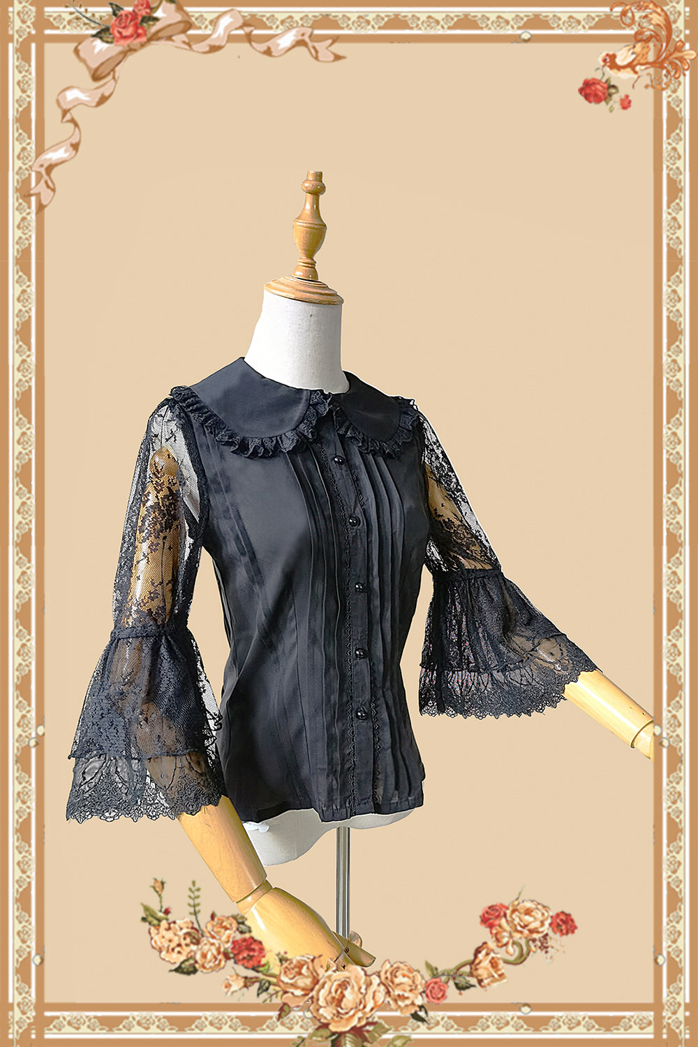 Infanta - Vintage Doll Patchwork Sleeve Lolita OP S bow hairband-black