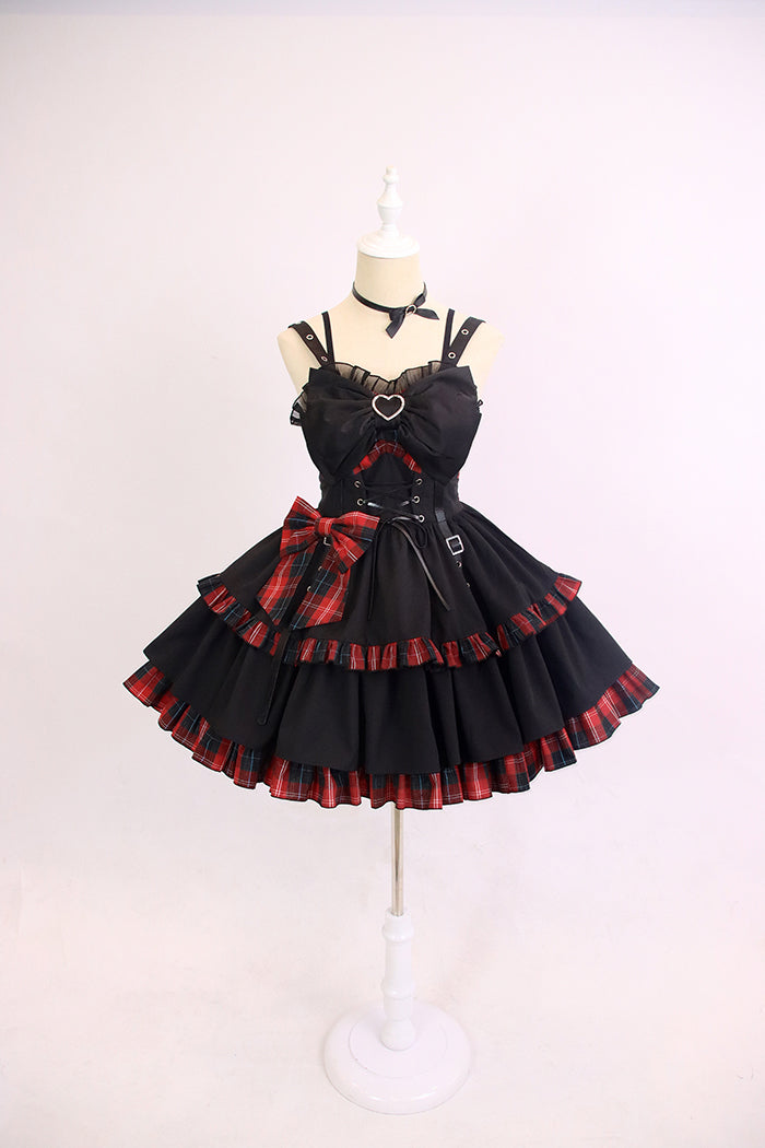 Alice Girl~Black Lolita Dress~Little Spicy Plaid JSK Dress XS black and red (new version, without ruffles on bust) 