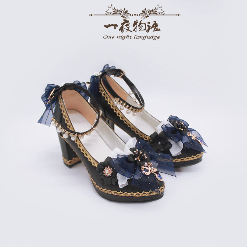 One Night - Bright PU Wedding Lolita Thick High Heels 36 dark blue / size 35-40: 3.1" (8 cm) heel; size 41-44: 2.4" (6 cm) heel