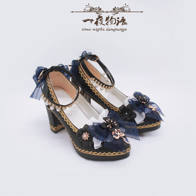 One Night ~ Bright PU Wedding Lolita Thick High Heels 36 dark blue (size 35-41: 8cm heel; size 42-44: 6cm heel) 