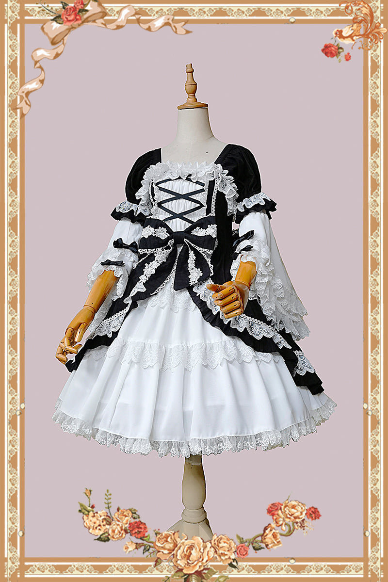 Infanta - Vintage Doll Patchwork Sleeve Lolita OP S black+white OP
