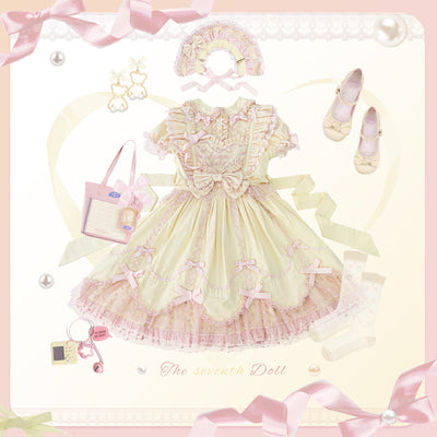(Buy for me) The Seventh Doll~Sweet Doll Lolita Cotton Jumper Dress S yellow&pink JSK only 