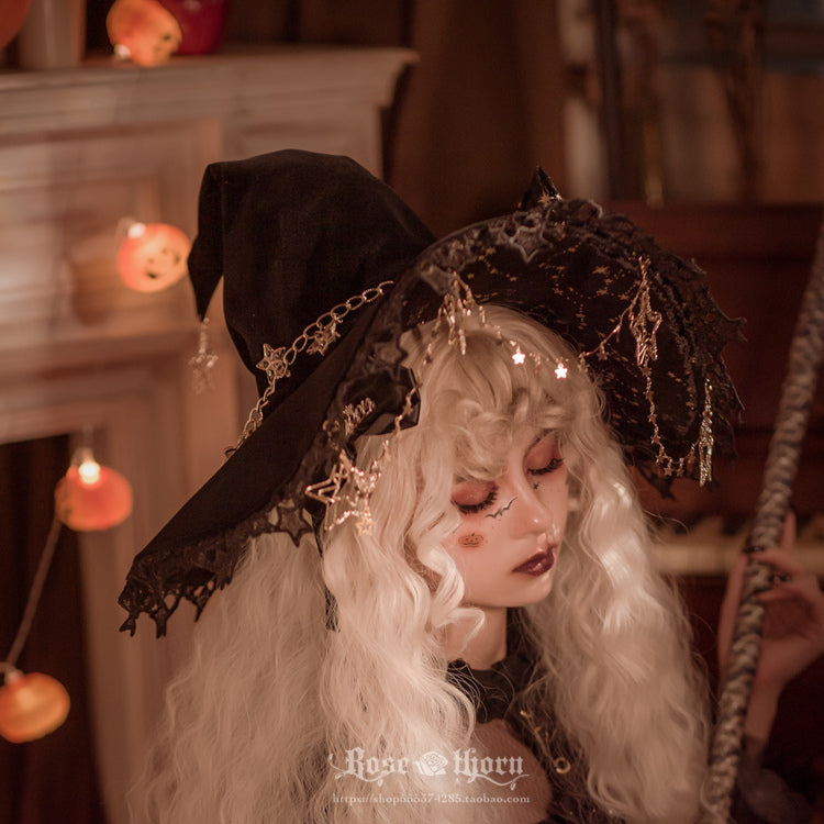 Rose Thorn - Polar Night Sky - Halloween Gorgeous Gilding Lolita Witch Hat