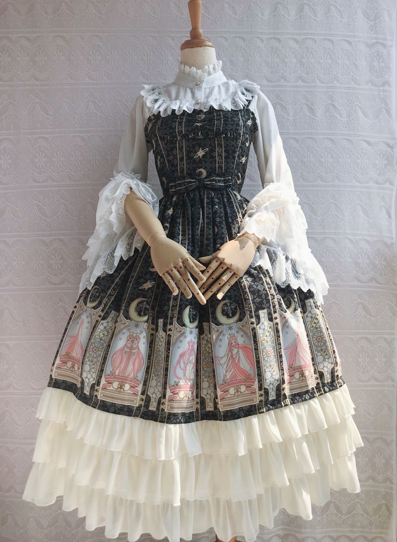 Yilia - Constellation Printing Chiffon Lolita JSK Dress XS black (short verion)