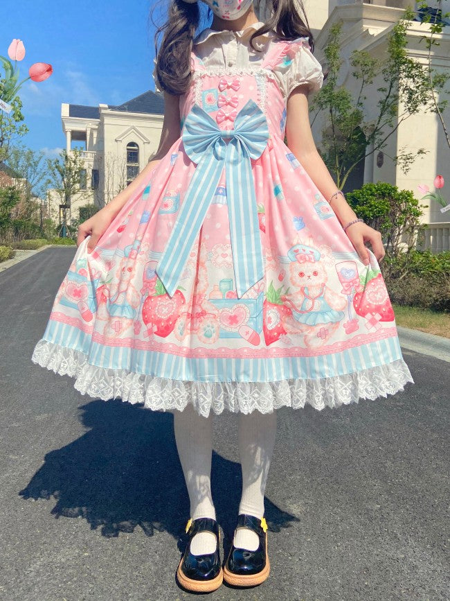 Night Never Sleeps - Kawaii Lolita Printed JSK Dress S Pink JSK with a bow