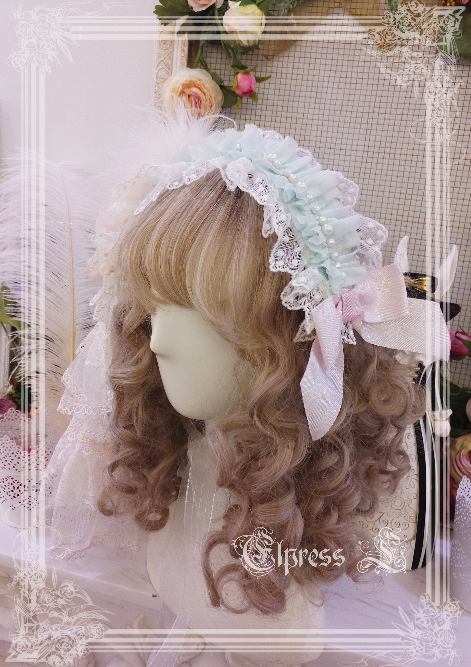 Elpress L~Wedding Lolita Floral Headdress BNT Veil rainbow color hairband