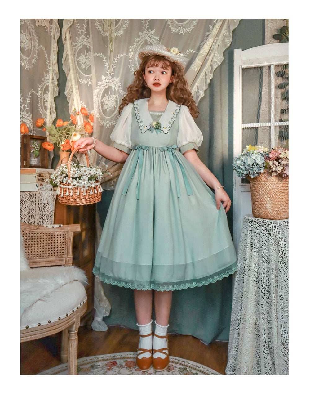 EESSILY~Afternoon Courtryard~Kawaii Lolita Summer Embroidery OP green S (green / L M S XL) 8320:130840