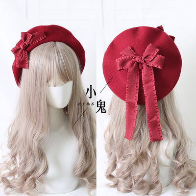 Xiaogui - Sweet Bow Multicolors Lolita Wool Beret M(56-58cm) dark red hat with dark red bows