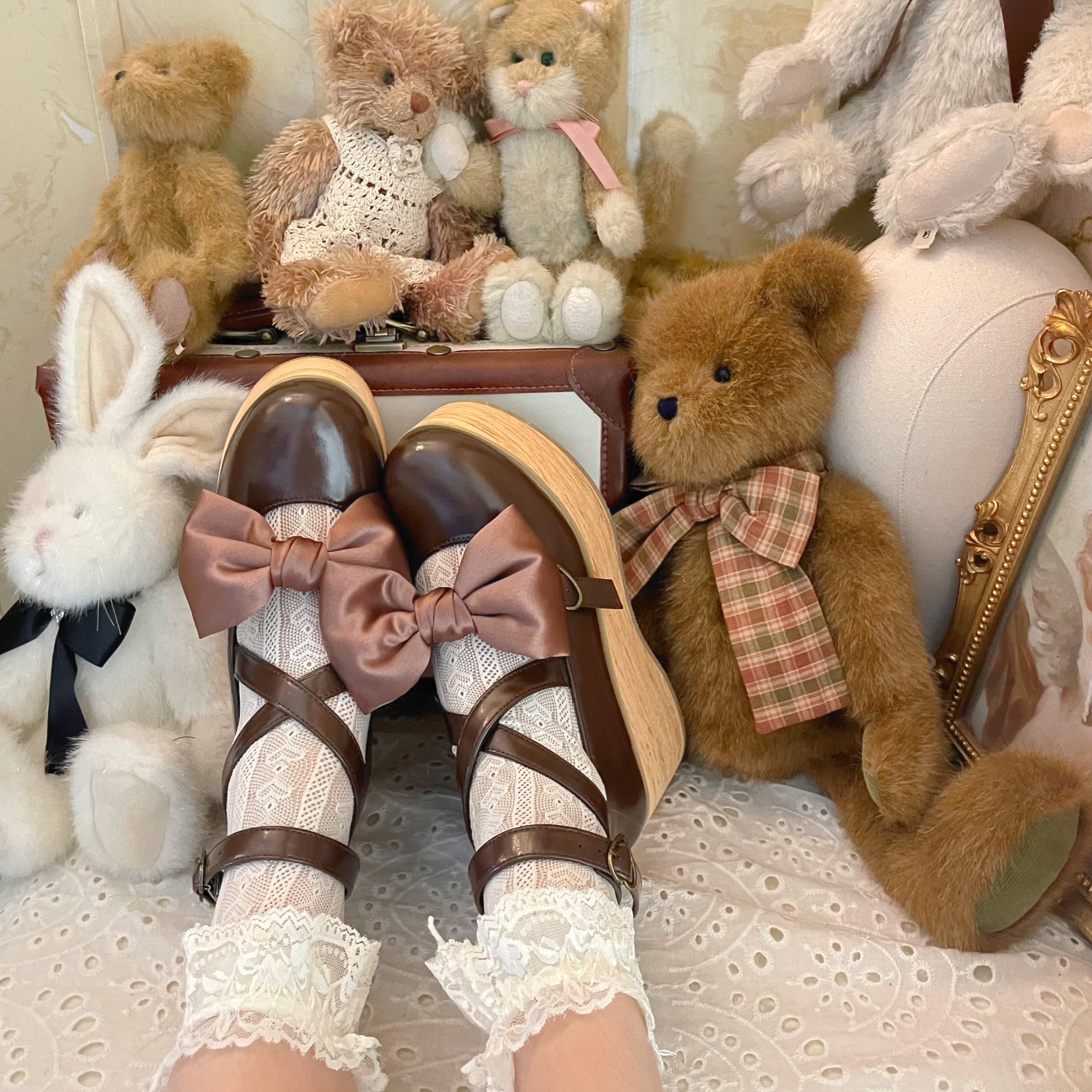 MODO - Multicolors Sweet Lolita Bow Platform Shoes 34 Brown