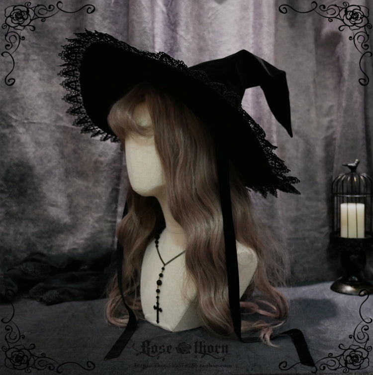 Rose Thorn - Black Wizard - Velvet Daily Lolita Hallowen Hat Daily Hat Brim (new version)