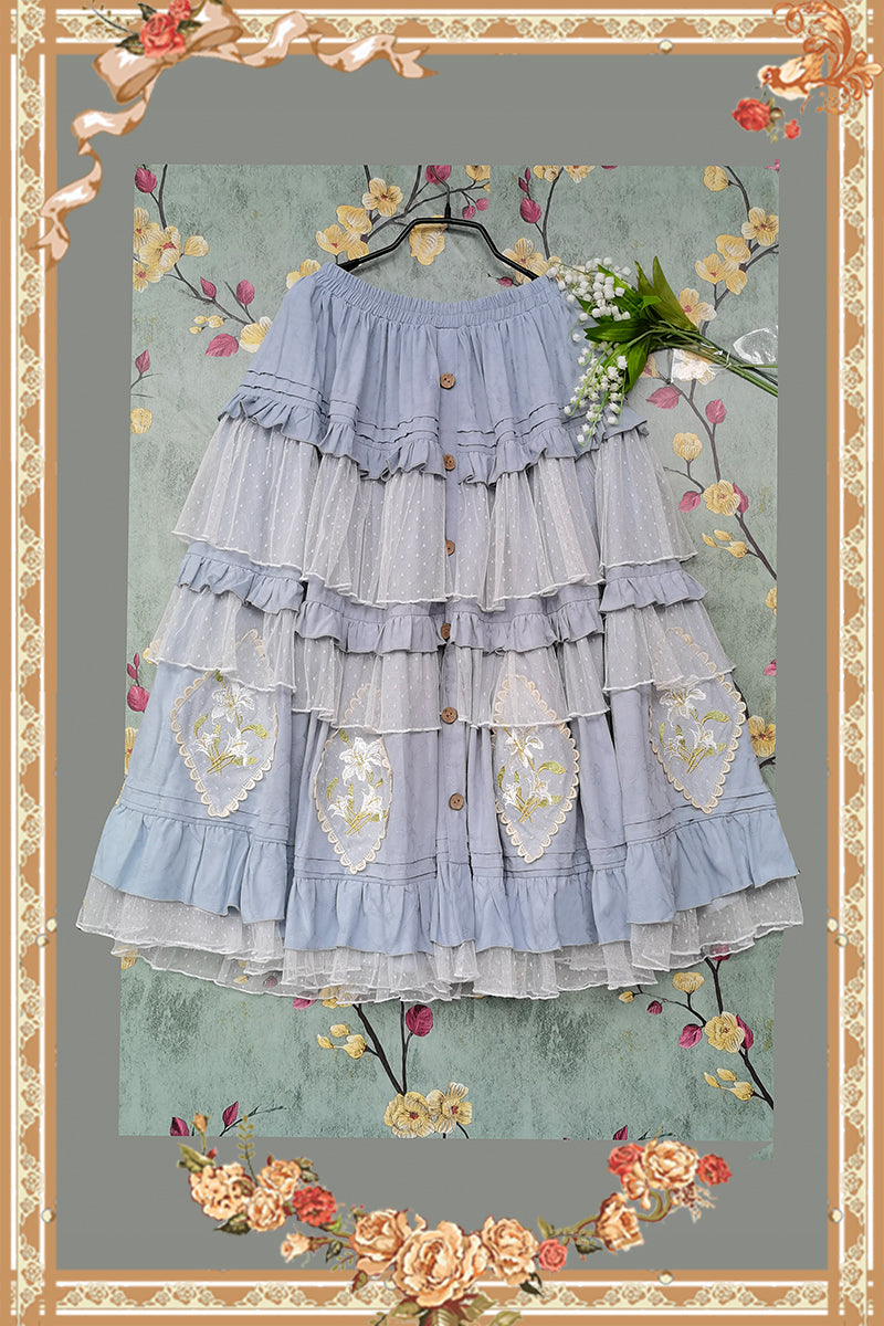 Infanta - Melaleuca Lily - Embroidery Country Lolita Blouse and Skirt M blue SK white net yarn