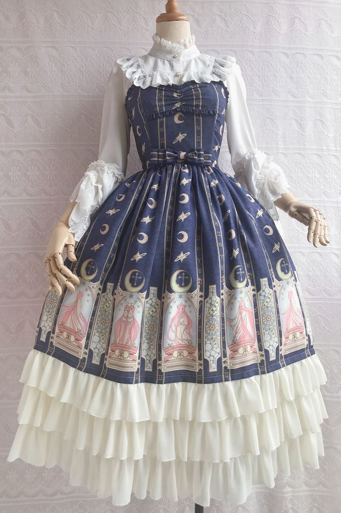 Yilia - Constellation Printing Chiffon Lolita JSK Dress XS navy blue (short verion)