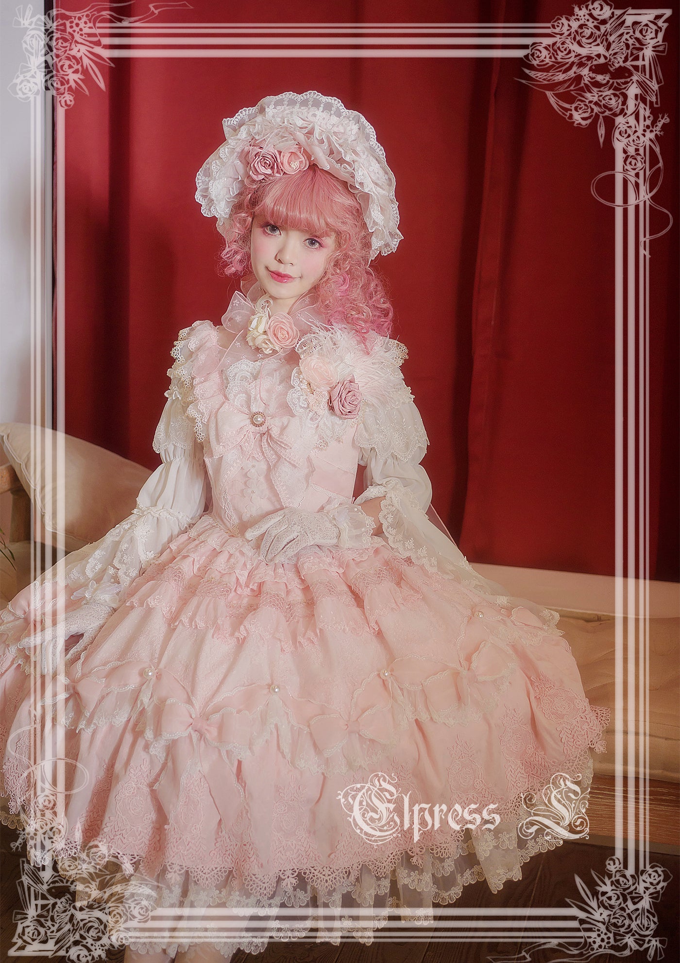 Elpress L~Christmas Flower Hairpins Lolita Mesh Veil KC Bonnet pink choker (pink / choker) 3008:29995