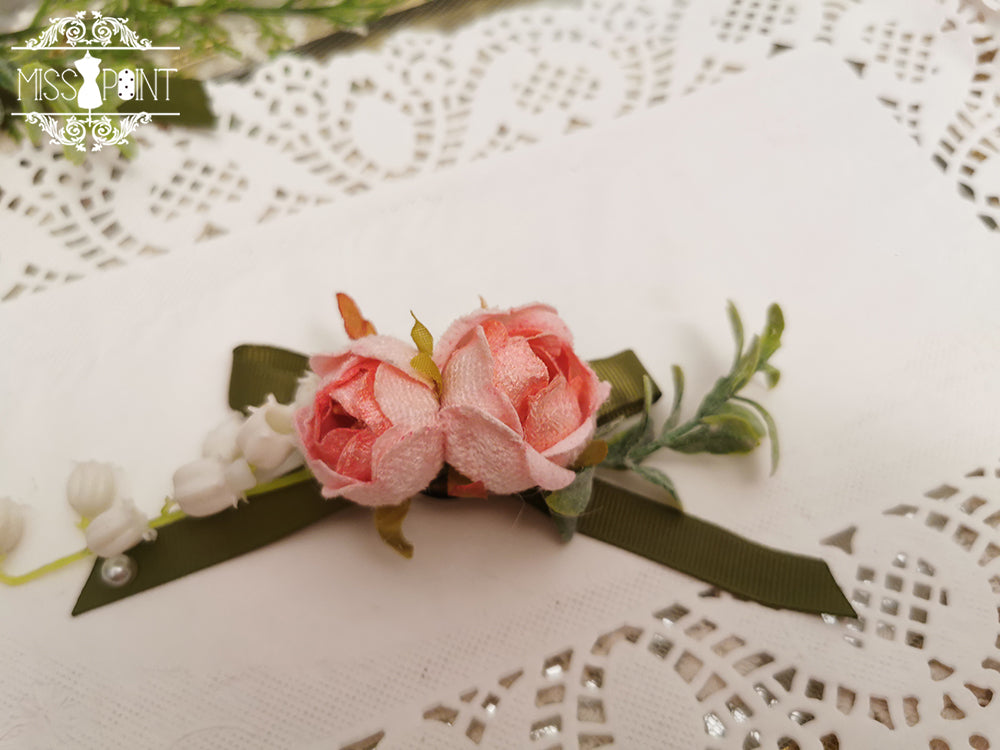 Miss Point - The Sally Gardens - Elegant Lolita Lace Choker and Brooch pink-green clips brooch