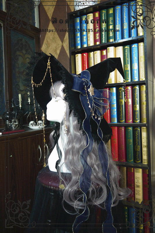 Rose Thorn - Twinkle Veil Lolita Halloween Witch Hat Navy blue / bow ribbon hat / without the veil and star chain